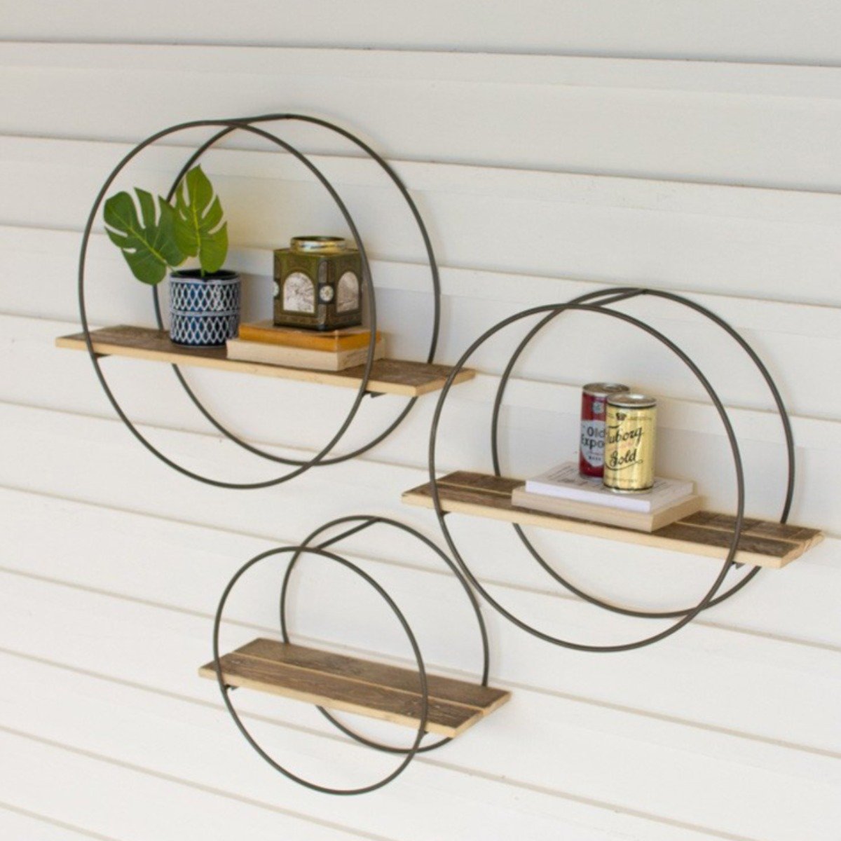 Round Metal & Wood Shelves-Wall | Iron Accents