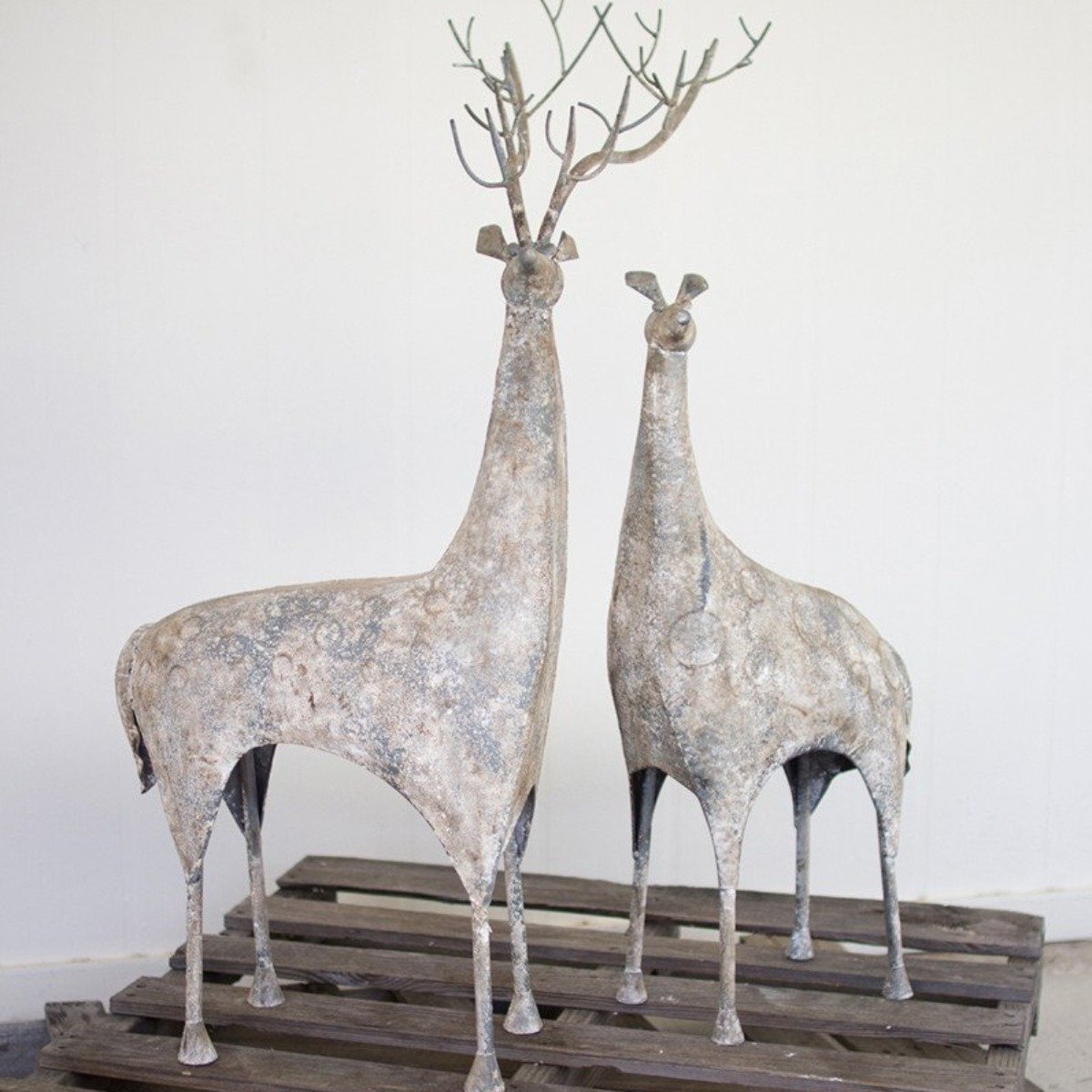 Set of 2 large distressed gray metal standing deer with antlers