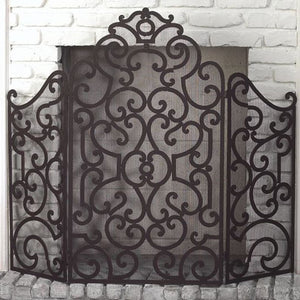 Scroll Fire Screen - Stained Gold-Iron Accents