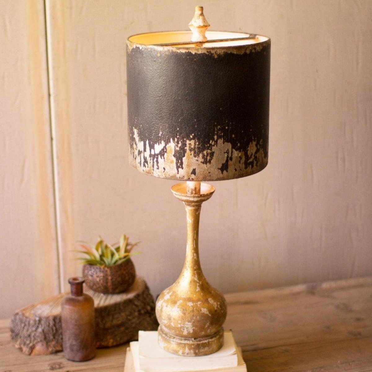 Short Wood & Metal Table Lamp-Lighting | Iron Accents