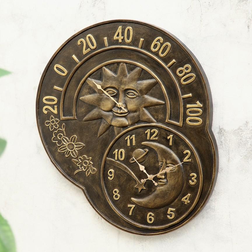 Sun/Moon Clock Thermometer-Garden | Iron Accents