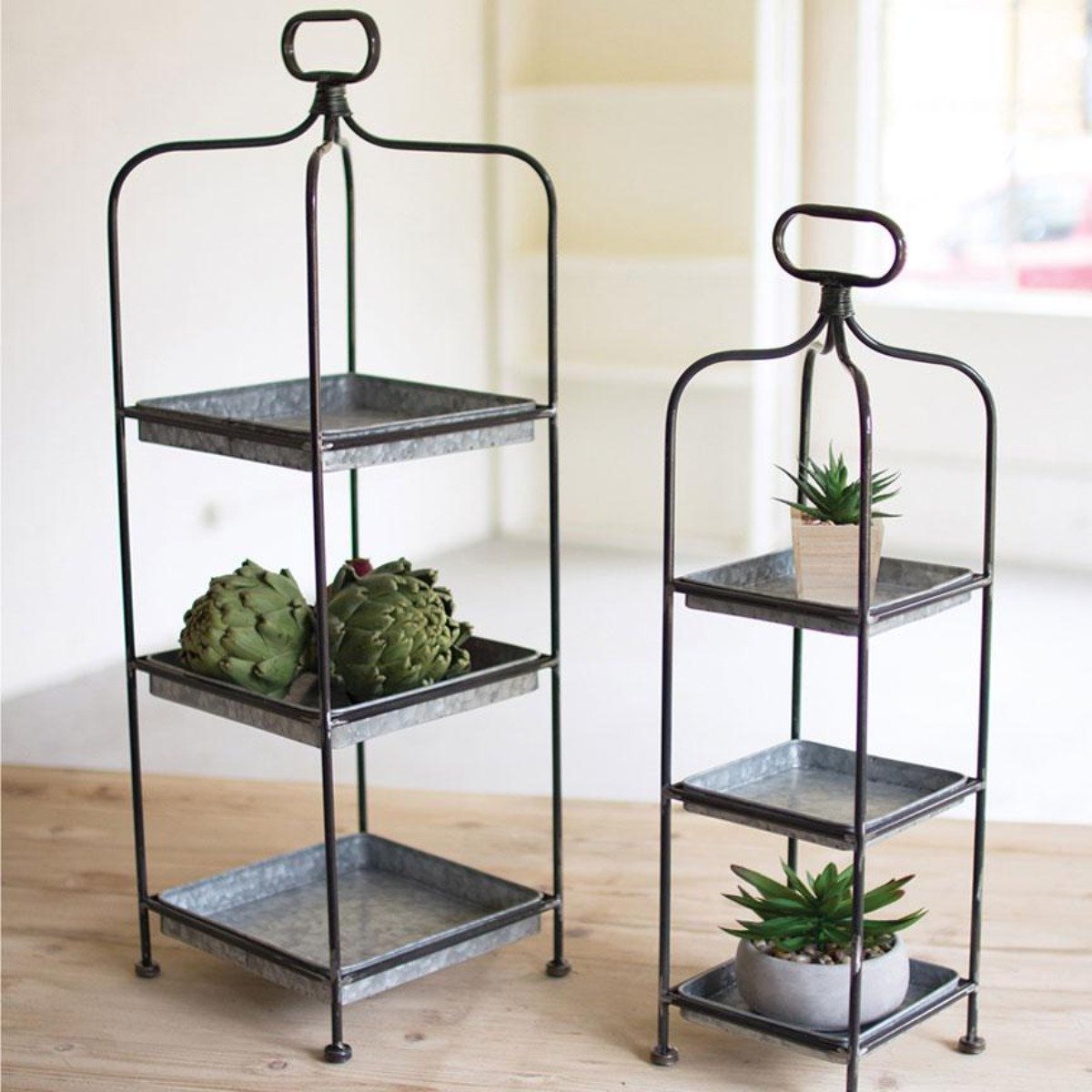 Set Of 2 Tall Metal Display Stands with Galvanized Trays