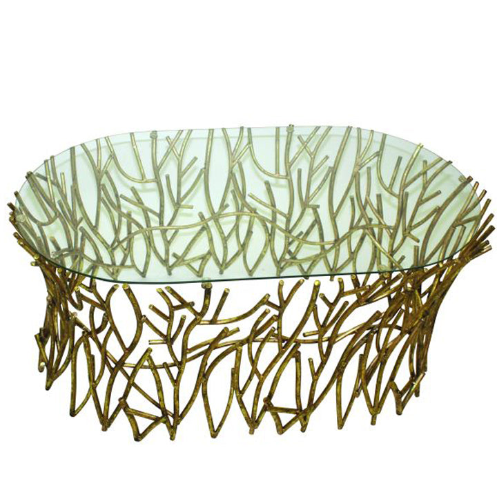 Twig Coffee Table w/ Glass Top-Iron Accents