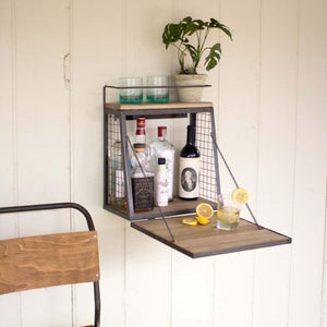 Wall mounted metal mini bar with fold-down wood shelf open
