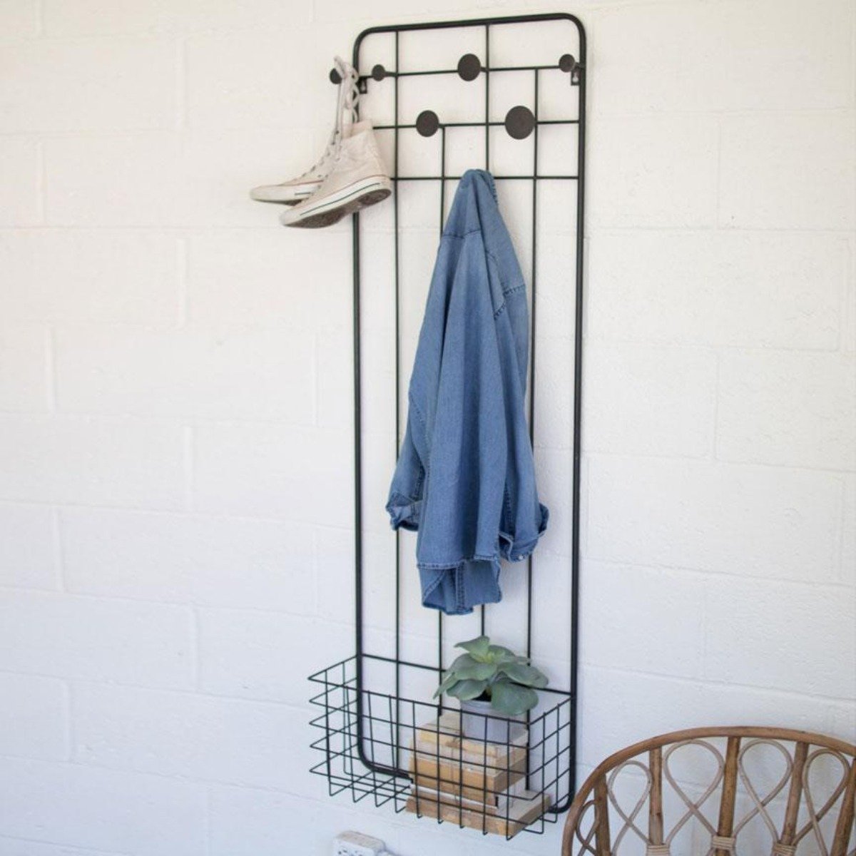 Wall Coat Rack w/ Storage Basket-Wall | Iron Accents