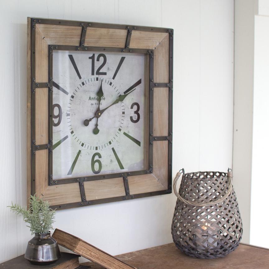 Wood Frame Square Clock-Discontinued | Iron Accents