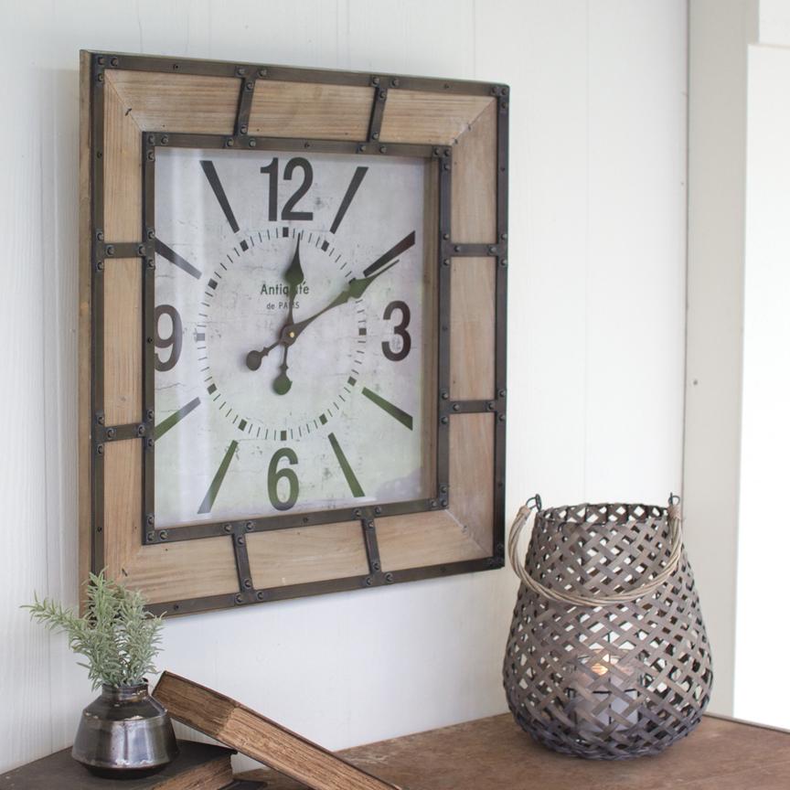 Square Frame Clock Wood Frame Square Clock - Iron Accents