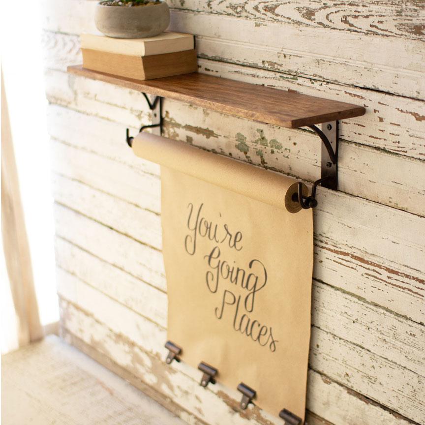 Wood Wall Shelf w/ Note Roll-Discontinued | Iron Accents