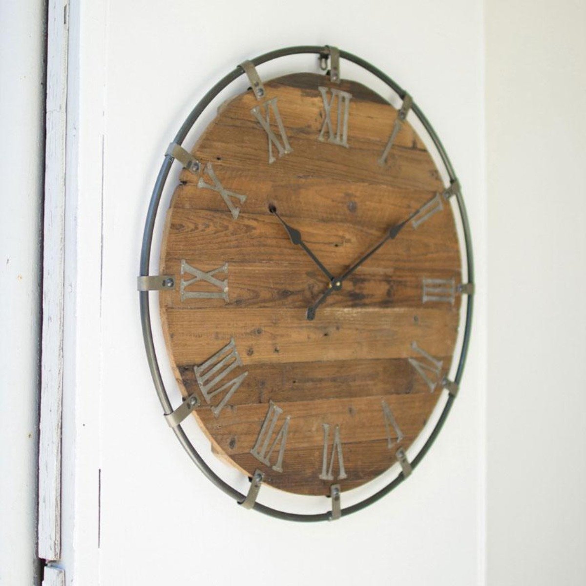 Wooden Clock w/Metal Frame-Wall | Iron Accents
