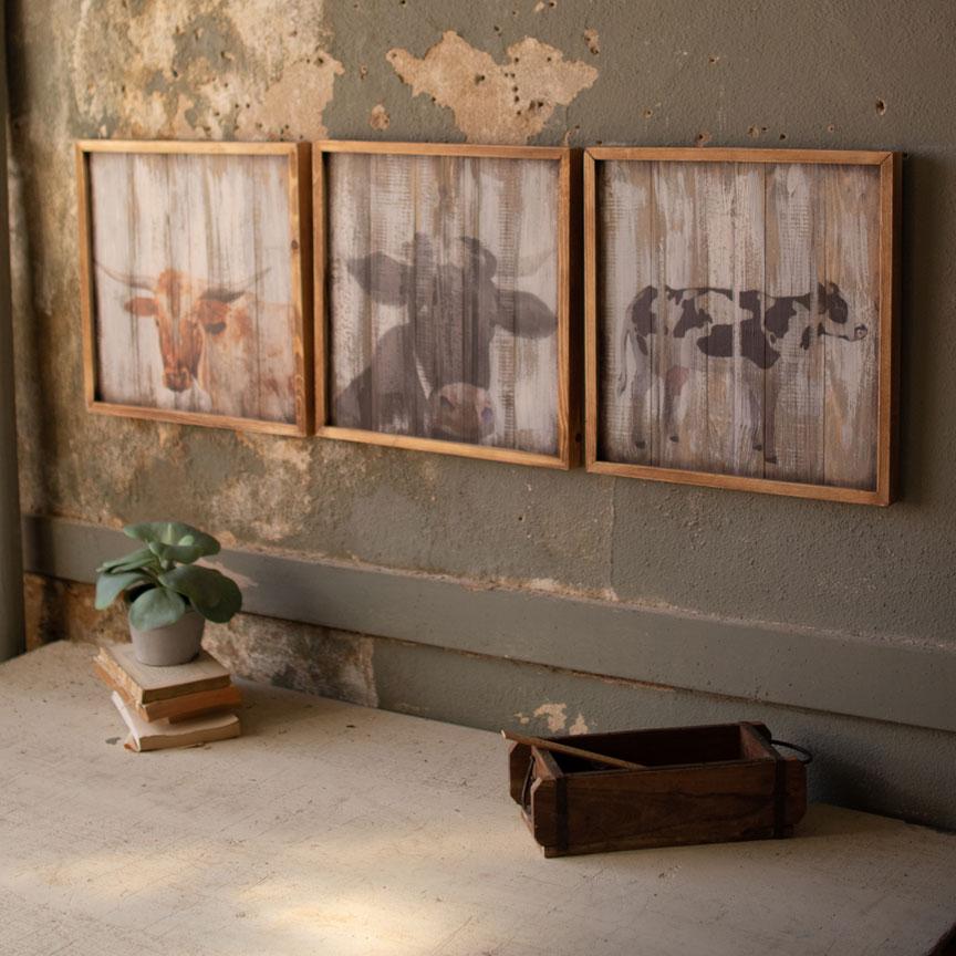 Wooden Panel Cow Prints (Set-3)-Discontinued | Iron Accents